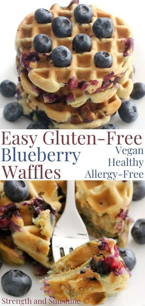 Bursting with fresh blueberries, these easy Gluten-Free Blueberry Waffles make a delicious healthy breakfast! This waffle recipe is vegan & allergy-free! Vegan Blueberry Waffles, Brain Diet, Blueberry Waffles Recipe, Toaster Waffles, Waffles Vegan, Delicious Healthy Breakfast, Grain Brain, Healthy Waffles, Blueberry Waffles