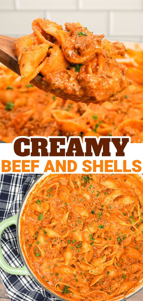 Creamy Beef and Shells is an easy ground beef pasta recipe with a creamy tomato sauce made with marinara, sour cream, heavy cream and shredded cheddar cheese. Creamy Pasta With Hamburger, Beef And Marinara Recipes, Heavy Cream Recipes Dinner Pasta, Pasta With Red Sauce And Cream Cheese, Hamburger Meat Recipes With Heavy Cream, Spaghetti Sauce With Heavy Cream, Spaghetti Sauce And Cream Cheese, Shredded Cheddar Cheese Recipes, Recipes With Heavy Cream Dinner