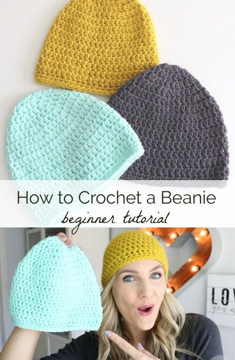 Mens Beanie Pattern Free, How To Crochet Beanie Tutorials, Crochet Hats Beginner, Melanie Ham Crochet, Crochet In The Round Hat Beanie Pattern, Crotchet Beanies Women, 30 Minute Crochet Beanie, Hats Crochet Patterns, Crochet Basic Beanie Pattern Free