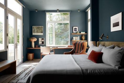 Marine Bedroom, Blue Ceiling Bedroom, Colour Drenching, Studio Shamshiri, Blue Ceiling, Oak Table, Blue Bedroom, Main Bedroom, Bedroom Colors