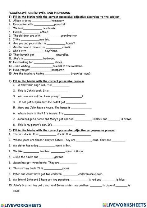 Posessive Pronouns, Possessive Adjectives And Pronouns, Pronouns Activity, Adjectives Exercises, Pronouns Exercises, Exercise List, English Pronouns, Pronoun Activities, Adjectives Activities