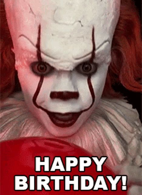 Happy Birthday Twisted Pennywise GIF - Happy Birthday Twisted Pennywise Cameo - Discover & Share GIFs Happy Birthday Card Messages, Happy Birthday Brother Funny, Funny Happy Birthday Gif, Happy Birthday Halloween, Birthday Brother Funny, Birthday Animated, Funny Happy Birthday Images, Birthday Wishes Gif, Funny Vintage Ads