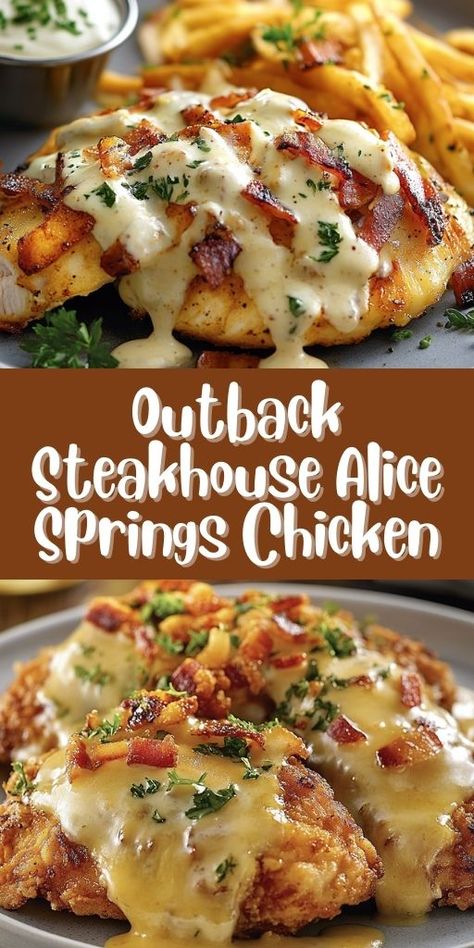 Craving Outback Steakhouse’s Alice Springs Chicken? 🌟 Make it at home with this quick and easy recipe! 👩‍🍳 Tender chicken, creamy honey mustard, smoky bacon, and gooey cheese make this a family favorite. 🥓🧀 Perfect for busy weeknights or impressing guests, this dish is a must-try! Save now and share your love for great food! 😍 #ChickenDinner #CopycatRecipes #FamilyFavorites #Foodie #DinnerTime 🍽️🍗 Outback Chicken, Outback Recipes, Outback Steakhouse Alice Springs Chicken, Alice Springs Chicken Outback, Alice Springs Chicken Recipe, Chicken Receipe, Creamy Honey Mustard, Chicken Breast Dinner Ideas, Chicken Breast Dinner