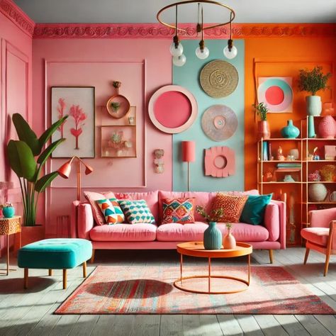 20 Bright Multi-Color Living Rooms Ideas: Transform Your Space with Vibrant Hues Colourful Living Room White Walls, Bright Funky Living Room, Happy Colors For Living Room, Accent Wall Colorful, Bold Room Ideas, Studio Apartment Color Palette, Bright Colorful Living Room, Colour Blocking Interior Living Rooms, Split Complementary Interior Design