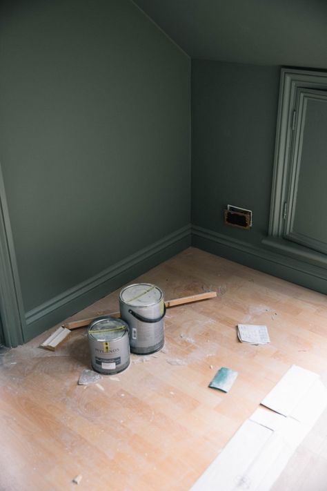 Skirting Same Colour As Walls, Dark Green Skirting Boards, Paint Skirting Boards Same As Walls, Green Skirting Boards, Dulux Green Paint, Skirting Board Ideas, Painted Skirting, Factory Conversion, Movie Rooms