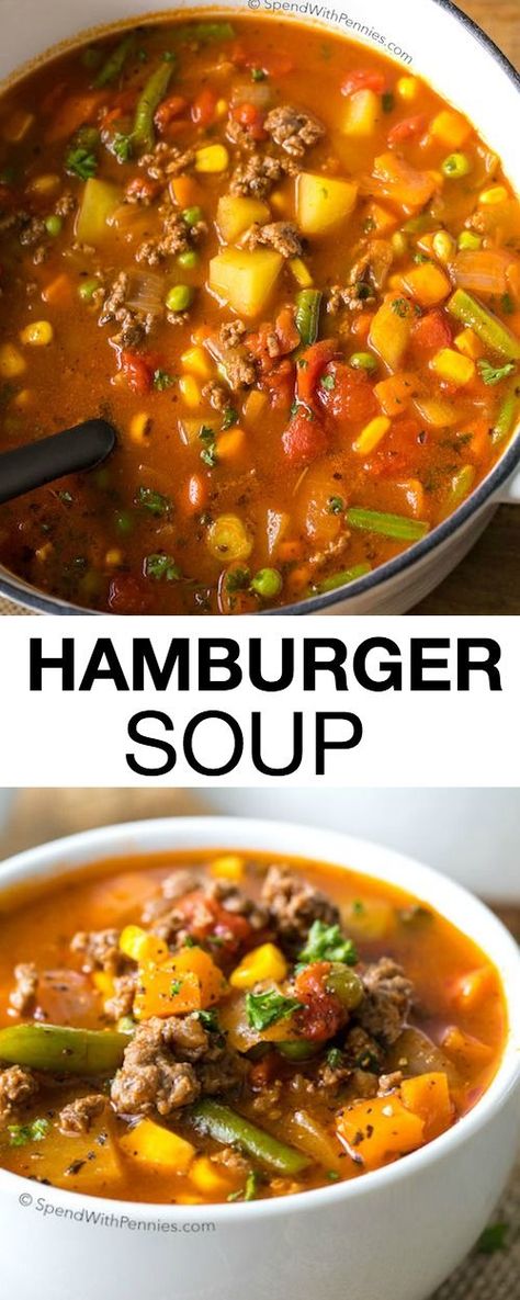 Hamburger Soup is a quick and easy meal loaded with vegetables, lean beef, diced tomatoes and potatoes. It's great made ahead of time, reheats well and freezes perfectly Easy Hamburger Soup, Cooking Steak, Meat Cooking, Beef Soup Recipes, Hamburger Soup, Soup Recipes Slow Cooker, Lean Beef, Diced Tomatoes, Think Food