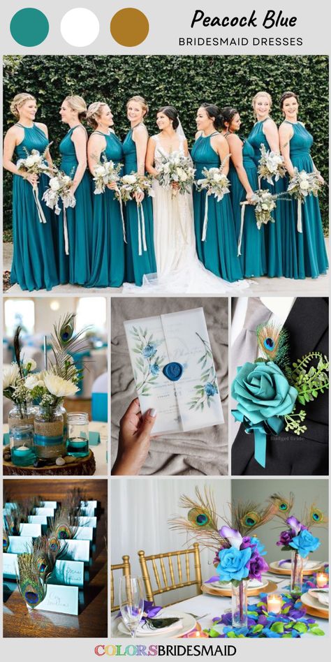 Peacock Blue Wedding Colors, Peacock Blue Wedding Theme, Peacock Wedding Theme Color Schemes, Peacock Color Wedding Theme, Peacock Color Wedding, Bridesmaid Dresses Peacock, Peacock Wedding Colors, Peacock Wedding Dresses, Teal Wedding Theme