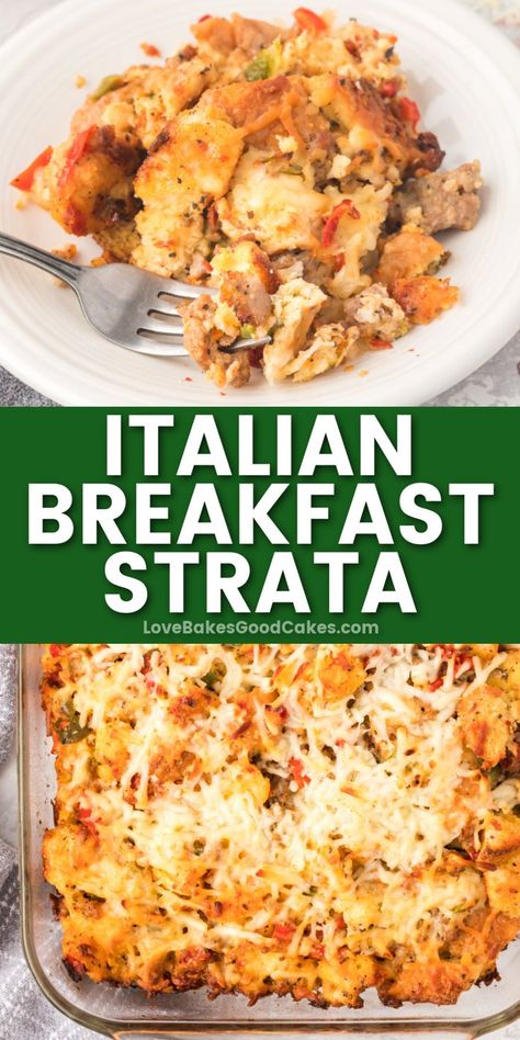 Italian Breakfast Strata pin collage Italian Egg Casserole, Italian Breakfast Casserole, Strada Recipe Breakfast, Italian Brunch Ideas, Bed And Breakfast Recipes, Lydia Bastianich, Firehouse Meals, Italian Brunch, Strata Recipes Breakfast