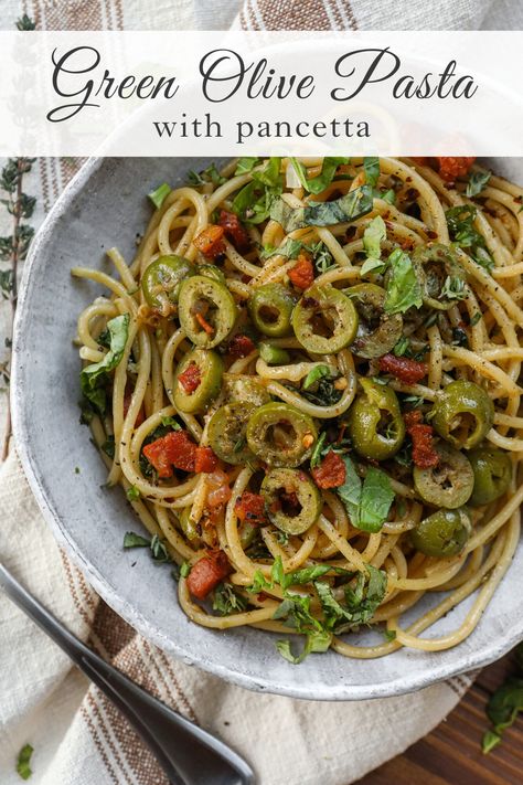 Green Olive Pasta Recipe, Recipes Using Olives, Recipes With Green Olives, Green Olives Recipes, Olive Pasta Recipes, Pasta Olives, Green Olive Pasta, Pasta Orzo, Pasta With Pancetta