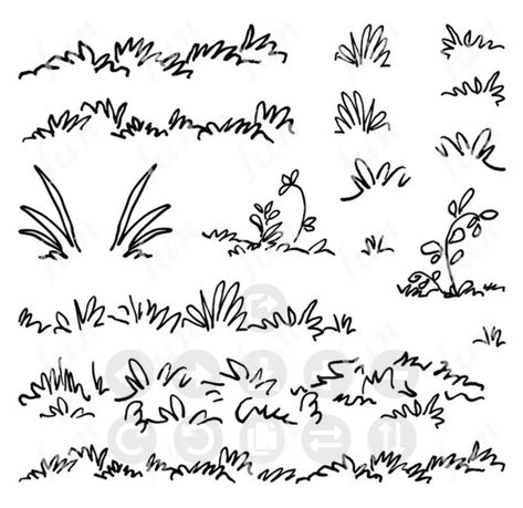 Drawing Details Doodles, Simple Tree Drawing Sketches, Grass Drawing Tutorials, Corn Plant Drawing, How To Draw Foliage, Bush Drawing Simple, How To Draw Bushes, How To Draw Moss, How To Draw A Rock