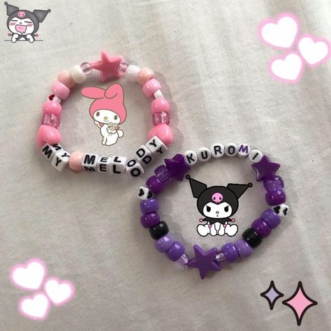 My Melody And Kuromi Matching Bracelets, Kuromi And My Melody Matching Bracelets, My Melody And Kuromi Bracelet, Clay Bead Bracelet Ideas Sanrio, My Melody Bead Bracelet, Kuromi Kandi Bracelet, Hello Kitty Matching Bracelets, Matching Braclet Ideas, Matching Kandi Bracelets For Friends