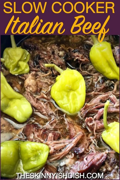 Making this Slow Cooker Italian Beef insures that you will have an easy and delicious dinner that is hands down one of the best dishes of Italian Beef you’ve ever had.  This tender, savory chuck roast cooks all day and gives you the perfect filling for sandwiches that truly are a taste of Chicago right in your own kitchen! #theskinnyishdish #slowcooker #italianbeef #freestylesmartpoints #weightwatchers Italian Beef Crockpot, Italian Beef Recipes, Slow Cooker Italian, Slow Cooker Italian Beef, Italian Beef Sandwiches, Italian Roast, Pepperocini Recipes, Italian Beef, Homemade Sausage