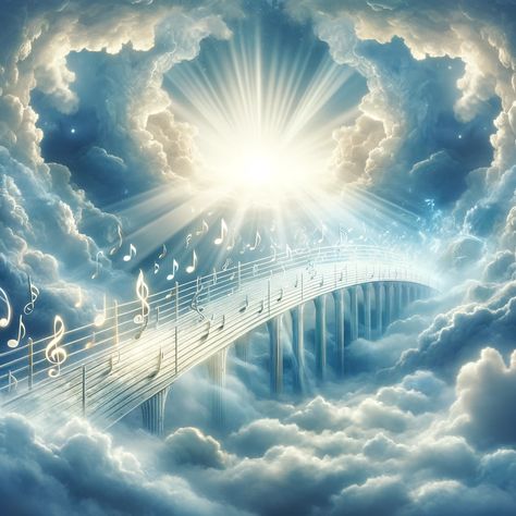 A serene and uplifting scene depicting a bridge made of musical notes and staves, stretching from the earth to the heavens, surrounded by soft, ethereal clouds. Rays of divine light break through the clouds, illuminating the bridge, symbolizing the connection between human hearts and the divine through music. The atmosphere is filled with a sense of joy, love, and spiritual awakening,... The Heavens, I Love Clouds, Worship Aesthetic Background, Angel Music, God Of Music, Soft Music, Heaven Music, Heaven Images, Heaven Pictures