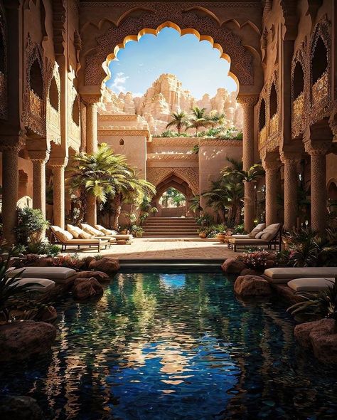 Arabian Palace Fantasy Art, Desert Palace Concept Art, Arabian Palace, Fantasy Rooms, Indian Architecture, Fantasy City, Fantasy Castle, Fantasy Places, Fantasy Art Landscapes