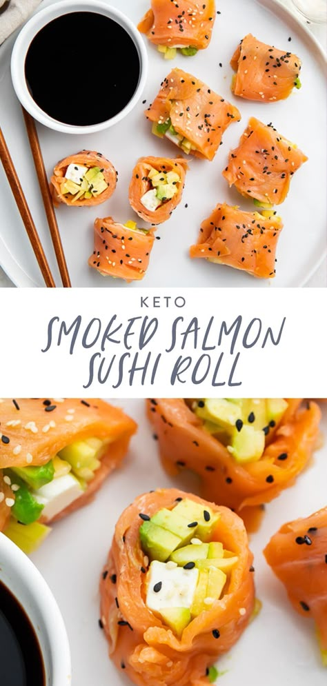 These keto smoked salmon sushi rolls are the perfect way to fix that sushi craving on a low carb diet! With tender and salty smoked salmon, crunchy cucumber, creamy avocado, and tangy cream cheese, this recipe comes together quickly and is loaded with flavor. Smoked Salmon Asian Recipes, Raw Smoked Salmon Recipes, Ways To Eat Smoked Salmon, Japanese Keto Recipes, Bariatric Sushi, Keto Smoked Salmon Recipes, Low Carb Seafood Recipes, Raw Salmon Recipes, Keto Sushi Rolls