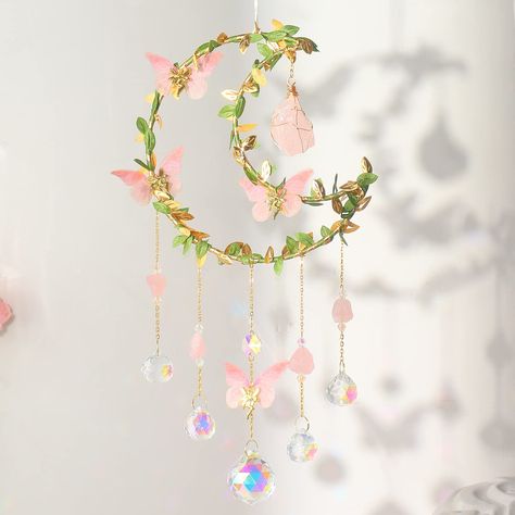 PRICES MAY VARY. 🔆Hang this large crystal suncatcher on your windows, it will liven up your room, and heal your days 🌛Catch The Sun -- hanging window decor with 35mm colorful prism balls made of k9 Optical Glass (Not Acrylic), which will catch the light and make rainbows dancing around your room. 🔮Healing Crystals Home Decor -- hanging prism sun catcher with natural rose crystal, each one is unique. it positives your emotions and helps in relationships. Hanging crystals suncatcher is a great Suncatcher Room, Fairy Room Decor, Moon Frame, Butterfly Room Decor, Prism Rainbow, Rainbow Dance, Fairy Room, Glass Prism, Butterfly Room