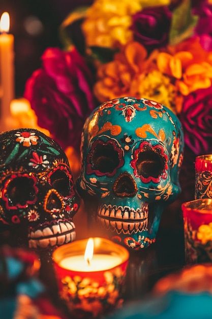 Day of the dead celebration with altar | AI-generated image Day Of The Dead Aesthetic, Day Of The Dead Wedding, Day Of The Dead Celebration, Dead Images, Dia De Los Muertos Decorations Ideas, Mexico Day Of The Dead, Mexican Day Of The Dead, Mexico Culture, Mexican Skulls