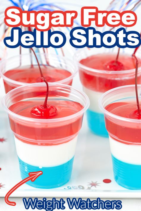 These Patriotic Jello Shots are the perfect layered Jello shots for any celebration. This Red White and Blue Jello Shot recipe is sure to be a hit at your 4th of July party. Everyone will love this adult dessert that is absolutely stunning. Sugar Free Jello Shots, Patriotic Jello Shots, Patriotic Jello, Tequila Jello Shots, Blue Hawaiian Jello Shots, Red White And Blue Jello, Shots Recipes, Blue Jello Shots, Best Jello Shots