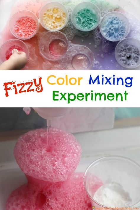 A fizzy color mixing experiment is an easy kitchen science experiment for kids. Abc Countdown, Color Experiment, Kitchen Science Experiments, Fun Activities For Preschoolers, Science Experiment For Kids, Science For Toddlers, Experiment For Kids, Kitchen Science, Chemical Science