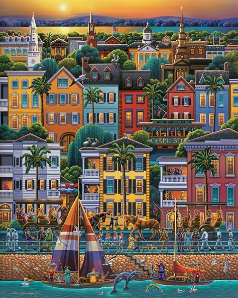 Looking for city folk art puzzles - #EricDowdle Folk Art #JigsawPuzzles? Browse the huge selection of Puzzles in a variety of themes and piece count. Ideal for #FolkArt #Gift giving. http://jigsawpuzzlesforadults.com/eric-dowdle-folk-art-puzzles/ Story Settings, England Houses, Puzzle Pictures, Naive Painting, Americana Art, City Folk, 1000 Piece Puzzle, Puzzle Art, Charleston South Carolina