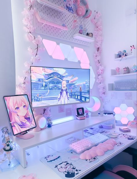 Games Room Inspiration, Nixie Tube Clock, Kawaii Room Ideas, Gamer Setup, Hiasan Bilik Tidur, Otaku Room, Nixie Tube, Gamer Room Decor, Monitor Arm