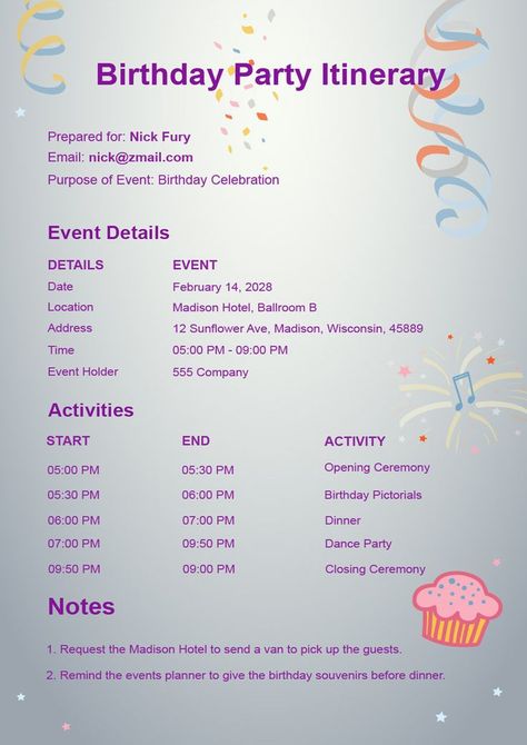 Sweet 16 Party Itinerary, How To Host A Birthday Party At Home, Dinner Party Itinerary, Birthday Itinerary Ideas, Sweet 16 Itinerary, How To Plan A Birthday Party, Birthday Party Itinerary, Birthday Itinerary Template, Program Flow