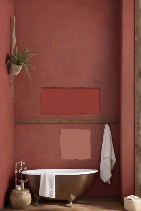 interior painting services, paint colors for home, professional painters, home renovation services Bathroom Terracotta Walls, Burnt Red Bathroom, Terracotta Wall Color Bathroom, Rust Colored Bathroom Walls, Terracotta Red Bathroom, Red Bathroom, Burgundy Bathroom, Red Wall Paint, Red Paint Colors