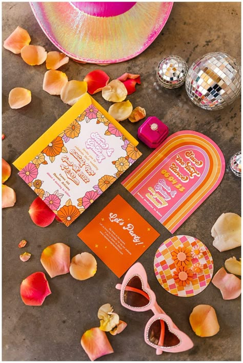 How to Create a Retro Inspired Wedding with Vibrant Colors and Groovy Details - himherphoto.com Colorful Invitations Wedding, Colourful Retro Wedding, Groovy Glam Bachelorette, Colour Pop Wedding, Kitsch Wedding Invitation, Retro Wedding Colors, Groovy Wedding Decor, 70s Wedding Color Palette, Groovy Wedding Invitations