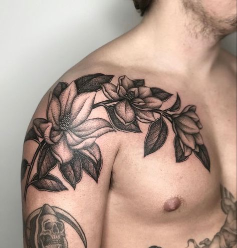 Flower Shoulder Tattoo Men, Floral Shoulder Tattoo Men, Shoulder Peony Tattoo, Shoulder To Chest Tattoo For Men, Mens Floral Tattoo, Flower Tattoos For Men, Traditional Shoulder Tattoo, Tattoo Fixers, Traditional Tattoo Man