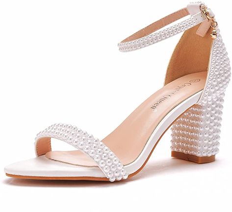 Pearl Wedding Shoes, Summer High Heels, Pearl Sandals, Lace Sandals, Chunky Heel Pumps, Bridal Sandals, Womens Chunky Heels, Pearl Bridal, Wedding Sandals