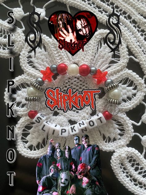 Handmade bracelet inspired by the metal band “Slipknot” Materials used: Crystal tech, beads #smallbusiness Birthday Baskets For Boyfriend, Slipknot Bracelet, Kandi Projects, Bracket Ideas, Kandi Singles, Make Clay Beads, Music Bracelet, Kandi Inspo, Diy Kandi Bracelets