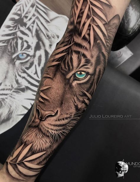 Tiger Forearm Tattoo, Tiger Eyes Tattoo, Beautiful Tattoo Designs, Jungle Tattoo, Animal Tattoos For Men, Tiger Tattoo Sleeve, Arm Sleeve Tattoos For Women, Animal Sleeve Tattoo, Leopard Tattoos