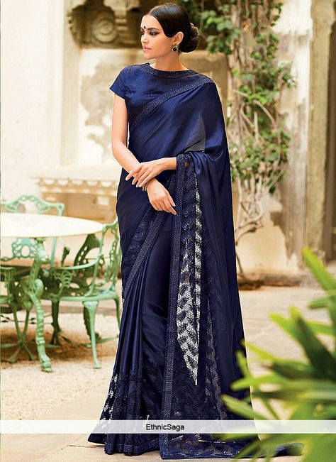 Navy Blue Saree Orang India, Navy Blue Saree, Desi Wear, Modern Saree, Ghagra Choli, Satin Saree, Blue Saree, Elegant Saree, Stylish Sarees