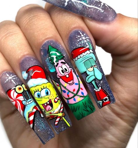 Christmas Gel Nails Designs Grinch, Cartoon Christmas Nail Art, Christmas Character Nail Designs, Thanksgiving Character Nails, Christmas Character Nail Art, Spongebob Christmas Nails, Disneyland Christmas Nails, Christmas Nails Characters, Spongebob Halloween Nails