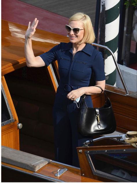 CateBlanchett spotted carrying the new leather Gucci Jackie1961 handbag and is wearing a GucciPreFall19 wool silk jumpsuit with matching GG belt. An archival design, originally created in 1961, the bag was often photographed with Jackie Kennedy and became known as “The Jackie.” New Gucci Bags, Olsen Style, Gucci Outfit, Royal Blue Shorts, Dream Bag, Silk Jumpsuit, Sixties Fashion, Boiler Suit, Sofia Coppola