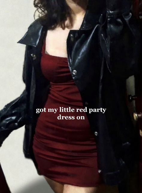 Black And White Leather Jacket Outfit, Dark Red Blazer Outfit, Red Dress With Black Leather Jacket, Dark Red Dress Aesthetic, Cruel World Lana Del Rey, Red Dress Leather Jacket, Leather Jacket Dress Outfit, Red Leather Outfit Aesthetic, Fem Fatale Aesthetic Red