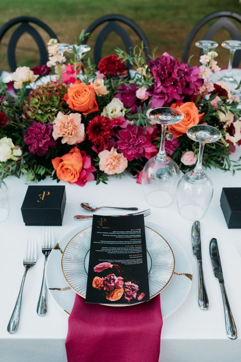 Magenta Wedding Decorations, Black Table Setting, Greek Beach, Magenta Wedding, Wedding In Greece, Dream Wedding Decorations, Jewel Tone Wedding, Floral Runner, Greece Wedding