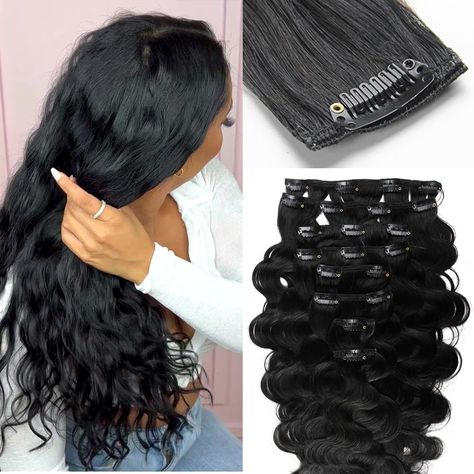 PRICES MAY VARY. 【Clip in Hair Extensions Real Human Hair】 Each clip in hair extension is about 136g (122g hair weight and 20 Clips14g). Clip ins hair extensions can perfectly blend with your hair. One pack can make a full head but 2-3 packs are recommended if you want a thicker hair look. 【Clip In Hair Extensions Material】: Our clip hair extensions are 100% unprocessed Brazilian virgin human hair extensions(double weft), which are chemical-free, clean, soft, and natural without shedding. In add Styling Clip In Hair Extensions, Clip In Hair Extensions For Black Women, Clip Ins For Black Women, Fierce Hairstyles, Body Wave Hair Extensions, Natural Black Hair, Hair Extensions Clip, Real Hair Extensions, Hair Extension Clips