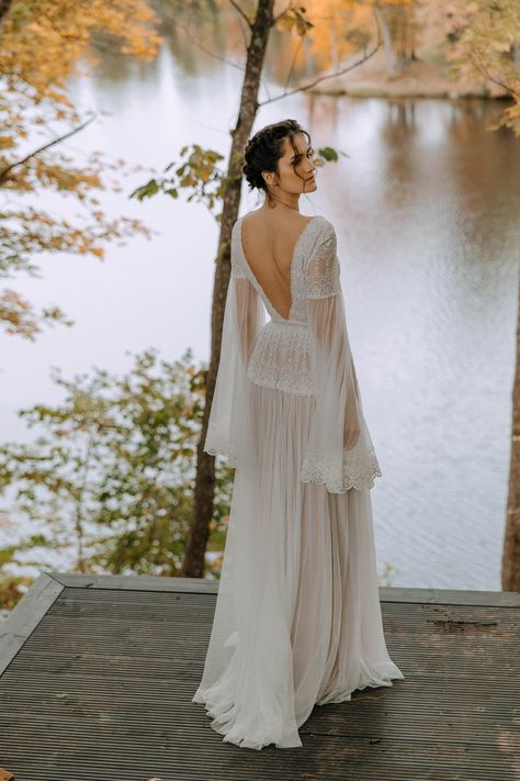 Slinky Boho Wedding Dress, Wedding Sleeves Design, Boho Wedding Dress Flowy Sleeves, Bell Sleeve Lace Wedding Dress, V Back Wedding Dress With Sleeves, Wedding Dress Sheer Long Sleeves, Wedding Dress With Billowy Sleeves, Bell Sleeved Wedding Dress, Boho Wedding Dress Bell Sleeves