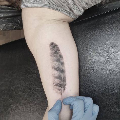 Owl Feather Tattoo 1 Green Feather Tattoo, Quil Tattoos, Feather Tattoo Realistic, Feather Bicep Tattoo, Realism Feather Tattoo, Osprey Feather Tattoo, Owl Feather Tattoo Design, Red Tail Hawk Feather Tattoo, Chicken Feather Tattoo