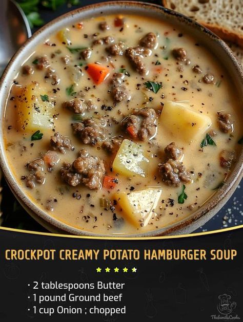 Paula deen lovers recipes 🍰🍔🥕 | Crockpot Creamy Potato & Hamburger Soup 😋😋 | Facebook Hamburger Soup Crockpot, Hamburger Crockpot Recipes, Potato Hamburger Soup, Quick Soup Recipes, Quick Soup, Hamburger Soup, Crockpot Breakfast, Creamy Potato, Crock Pot Soup