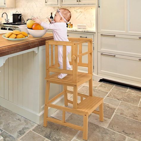 * MADE TO LAST】: This durable tower stool for learning is made from solid natural bamboo with a child-safe, non-toxic finish that prevents scratches and scuff marks. Safely supports 150 lbs  for toddlers 18 months to 3 years old.  * 【SAFE AND SECURE】 * 【FAMILY COOKING FUN】 * 【STRONG AND VERSATILE】 * 【EASY TO INSTALL】 Step Up Kitchen, First Birthday Presents, Learning Tower, Step Stool Kids, 150 Lbs, Kitchen Helper, Family Cooking, Baby And Toddler, Toddler Learning