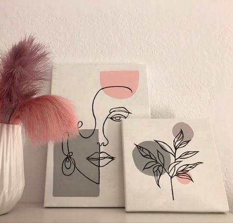 Painting Minimal Ideas, Small Wall Drawing Ideas, Pink And Grey Painting Canvas, Canvas Drawing Ideas Creative, Grey Painting Ideas On Canvas, Line Painting Canvas, Fashion Painting Canvas, Pink And Grey Painting, Embroidery Painting Canvas