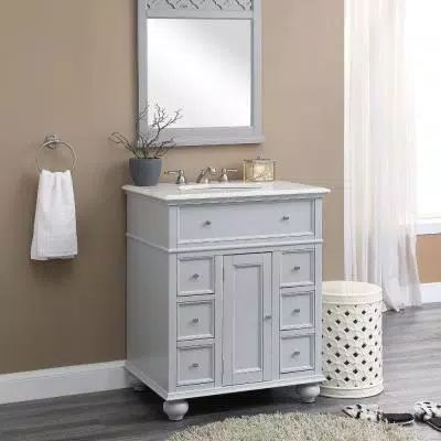 Hampton Harbor 28 in. Vanity in Dove Grey with Natural Marble Vanity Top in White with White Sink Linen Storage Cabinet, 30 Inch Vanity, Granite Vanity Tops, Cultured Marble Vanity Top, Bathroom Shower Walls, Mdf Cabinets, Marble Vanity, Linen Cabinet, Marble Vanity Tops