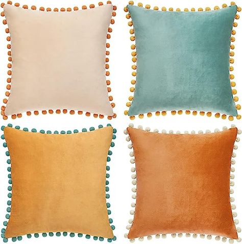 Amazon.com: MONDAY MOOSE Decorative Throw Pillow Covers Cushion Cases, Set of 4 Soft Velvet Pom Poms Double-Sided Designs, Mix and Match for Home Decor, Pillow Inserts Not Included (18x18 inch, Orange/Teal) : Home & Kitchen Yellow Sofa, Yellow Throw Pillows, Velvet Set, Teal Velvet, Orange Throw Pillows, Orange Decor, Orange Velvet, Orange Pillows, Garden Pillows