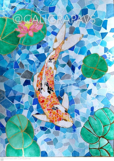 Mosiac Art Koi, Mosaic Koi Fish, Watercolor Mosaic Painting, Koi Mosaic, Paint Sample Art, Crazy Pavers, Koi Fish In A Pond, Mosaic Drawing, Fish In A Pond