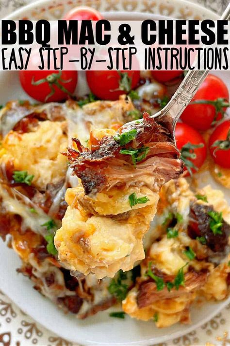 BBQ Mac and Cheese is like the ultimate casserole. Tangy homemade mac and cheese plus sweet and smokey pulled pork barbecue. via @foodtasticmom Mac And Cheese Bowls, Bbq Mac And Cheese, Recipes Using Pork Chops, Working Mom Meals, Ohio Food, Recipes Using Pork, Pork Barbecue, Mom Meals, Easy Mac N Cheese