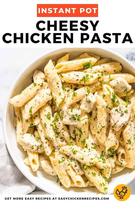 This Instant Pot Cheesy Chicken Pasta is comfort food at its best. Easy to whip up in the instant pot - a 10 minute meal! Every bite is loaded with tender chicken, perfect pasta - and of course - lots of cheese! 10 Minute Meal, Cheesy Pasta Recipes, Chicken Carbonara Recipe, Cheesy Chicken Pasta, Instant Pot Pasta Recipe, Chicken Appetizers, Cheesy Pasta, Perfect Pasta, Chicken Pasta Recipes