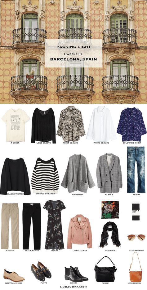 What to Pack for Barcelona, Spain - This could easily cover you for a full semester! Spain Packing List, Spain Outfit Ideas, Barcelona Trip, Outfits For Spain, Spain Outfit, Light Travel, Travel Capsule, Travel Capsule Wardrobe, Trip Outfits