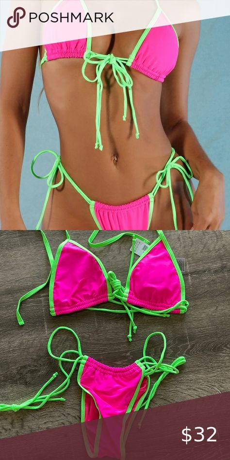 NWT Fashion Nova Neon Pink/Green Bikini Neon Outfits, Cheeky Bikinis, Tie Top, Top Women, Goa, Neon Green, Halloween Outfits, Neon Pink, Pink And Green